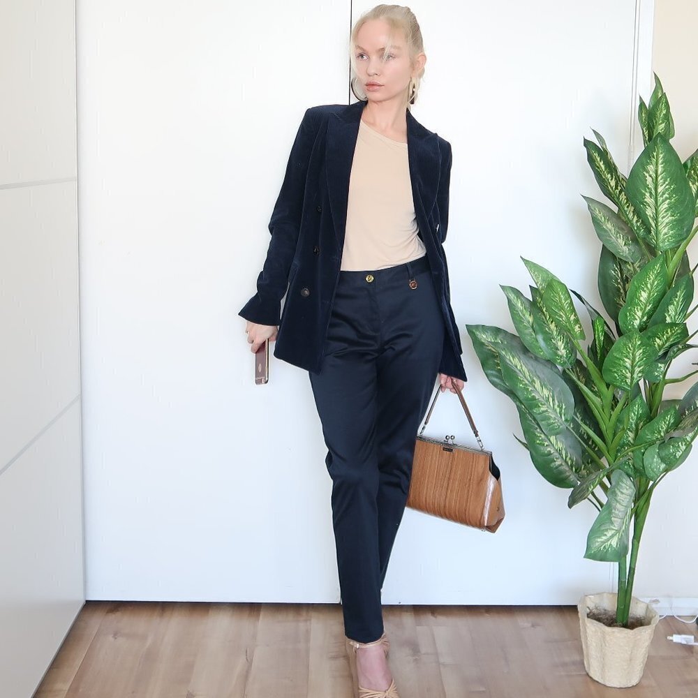 Slim Leg Gold Detail Navy Career Pants Trousers